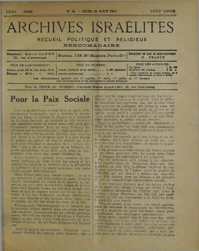 Archives israélites de France. Vol.80 N°34 (21 août 1919)